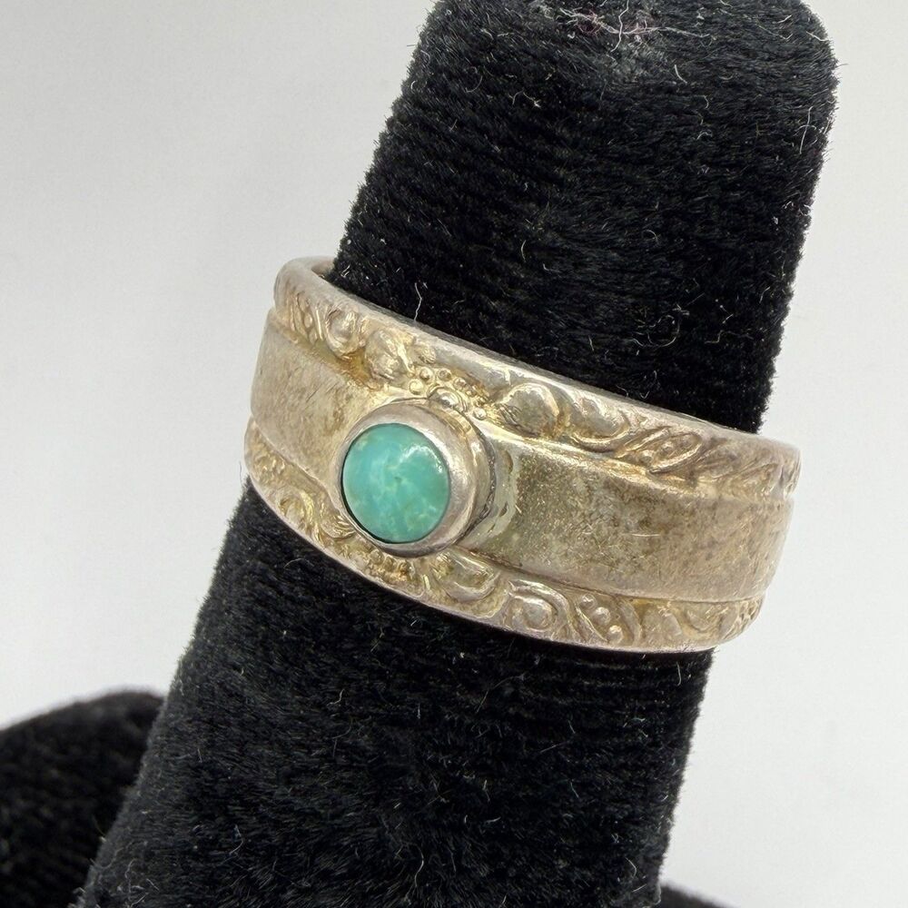 Vintage 925 Sterling Silver Adjustable Turquoise Ring Open Band Southwest Style